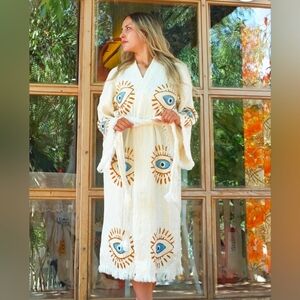Organic Cotton Muslin Kimono Robe: Soft Handmade Evil Eye Kaftan. S/M.